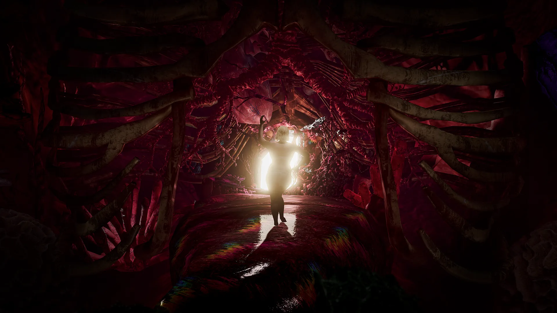 Body of Mine — a glowing figure in a portal of red flowers